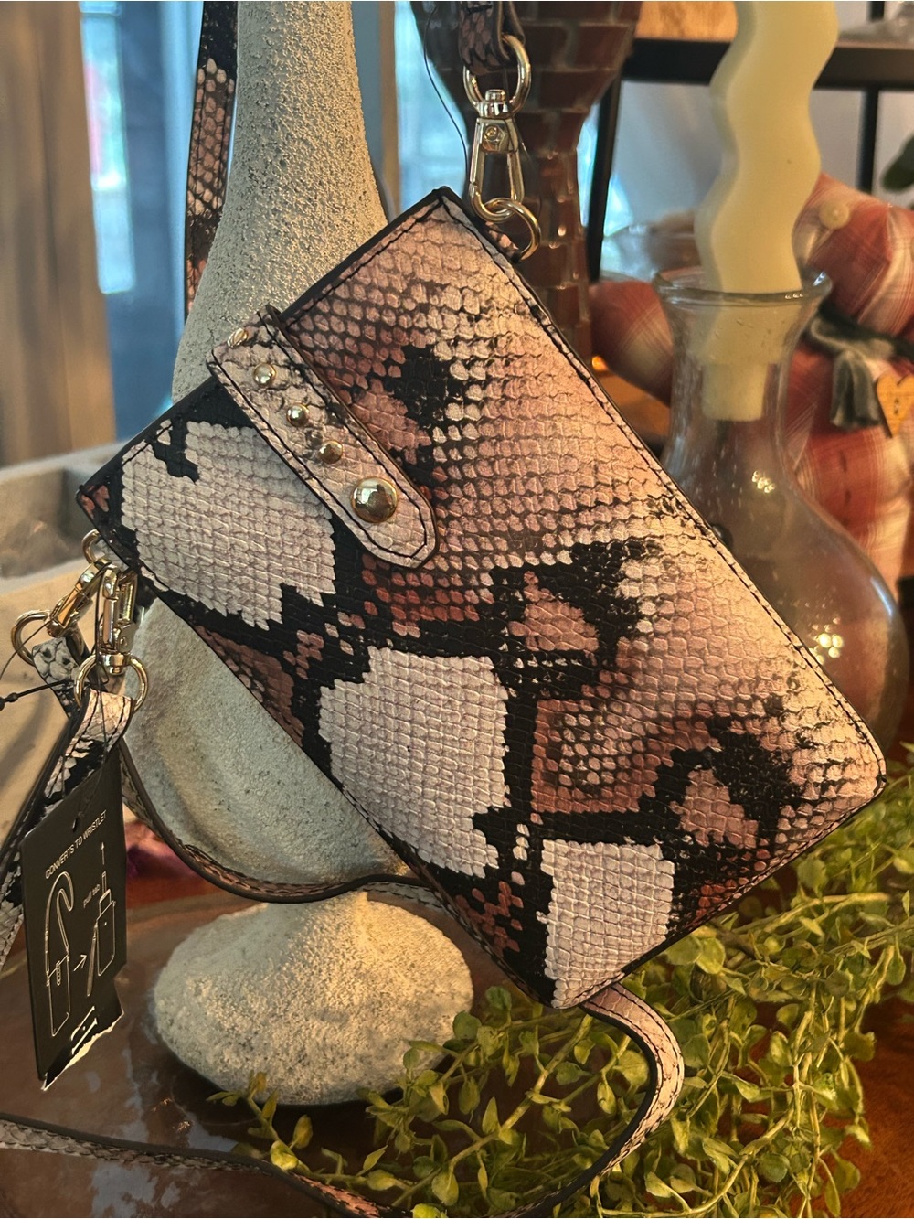 Women’s Snake-Print Crossbody Wristlet in Pink and Black